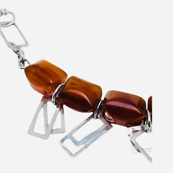 BAKELITE Vintage .925 Sterling Silver and Bakelite Bead Geometric Necklace - Picture 4 of 4